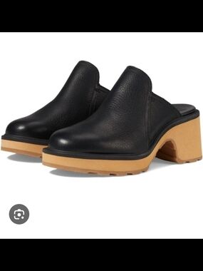 Black Sorel Leather Slip-On Mule with Tan Platform Heel